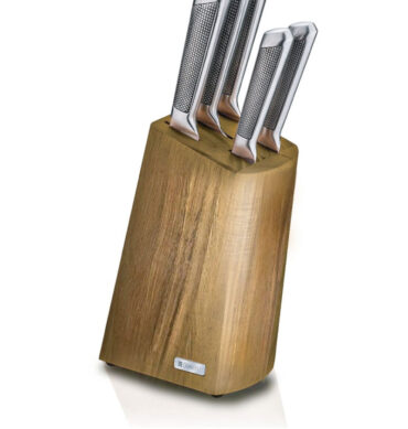 5Pcs Stainless Steel & Polypropylene Dark Hollow Knives With Wood Knives Holder Set DH-04667