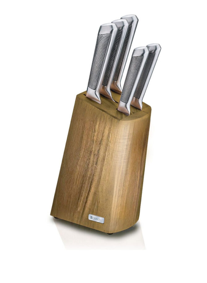 5Pcs Stainless Steel & Polypropylene Dark Hollow Knives With Wood Knives Holder Set DH-04667