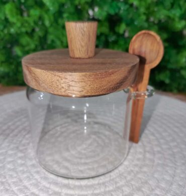 Small Glass Jar wood with  spoon Round 909-35